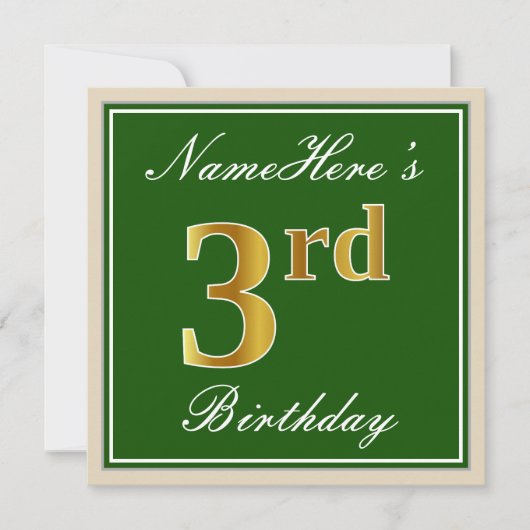 Elegant, groen, Faux Gold 3rd Birthday + naam Kaart (Voorkant)