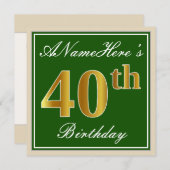 Elegant, groen, Faux Gold 40th Birthday + naam Kaart (Voorkant / Achterkant)