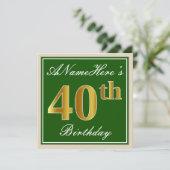 Elegant, groen, Faux Gold 40th Birthday + naam Kaart (Staand voorkant)