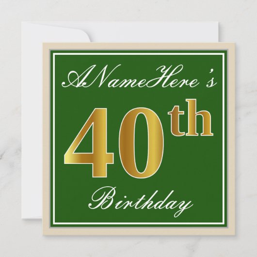 Elegant, groen, Faux Gold 40th Birthday + naam Kaart (Voorkant)