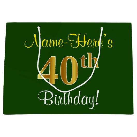 Elegant, groen, Faux Gold 40th Birthday + naam Large Cadeautasje (Voorkant)