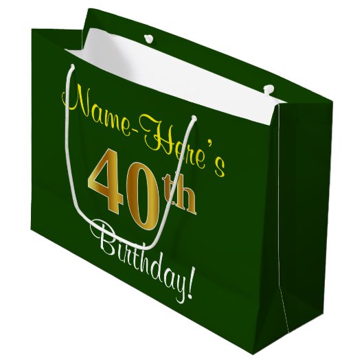Elegant, groen, Faux Gold 40th Birthday + naam Large Cadeautasje (Voorkant Gekanteld)