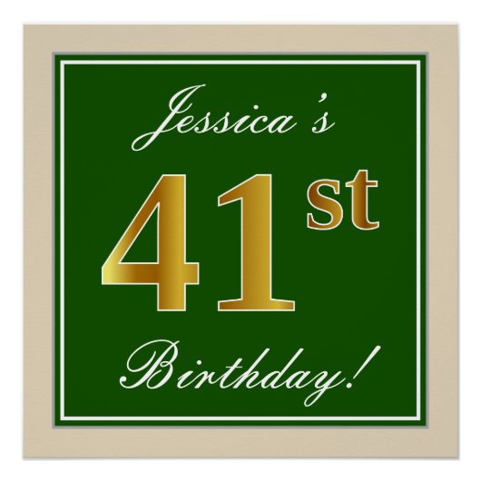 Elegant, groen, Faux Gold 41st Birthday + naam Perfect Poster (Voorkant)