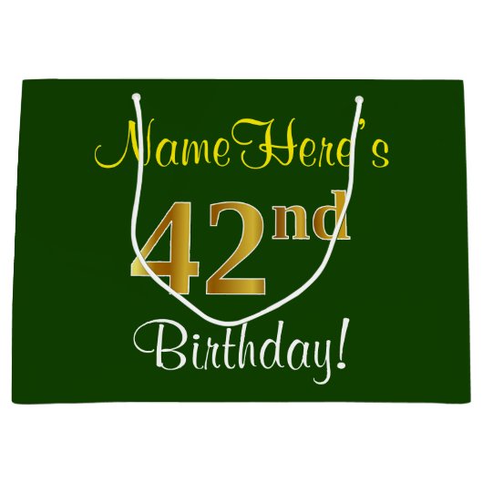 Elegant, groen, Faux Gold 42e verjaardag + naam Groot Cadeauzakje (Voorkant)