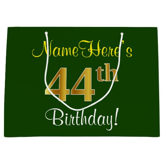 Elegant, groen, Faux Gold 44th Birthday + naam Groot Cadeauzakje (Voorkant)