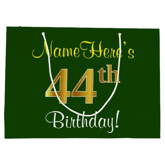 Elegant, groen, Faux Gold 44th Birthday + naam Groot Cadeauzakje (Achterkant)