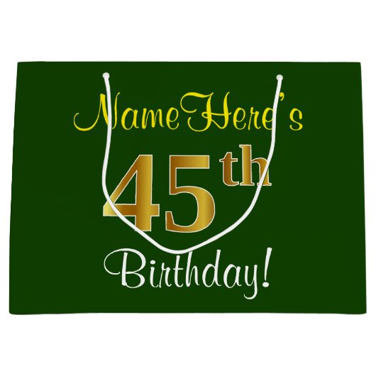 Elegant, groen, Faux Gold 45th Birthday + naam Groot Cadeauzakje (Voorkant)