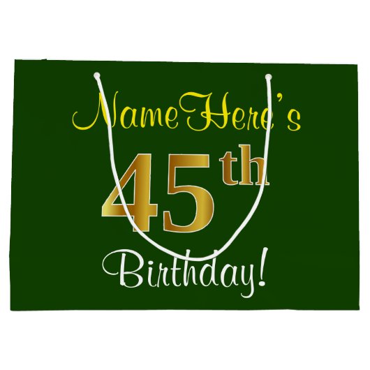 Elegant, groen, Faux Gold 45th Birthday + naam Groot Cadeauzakje (Achterkant)