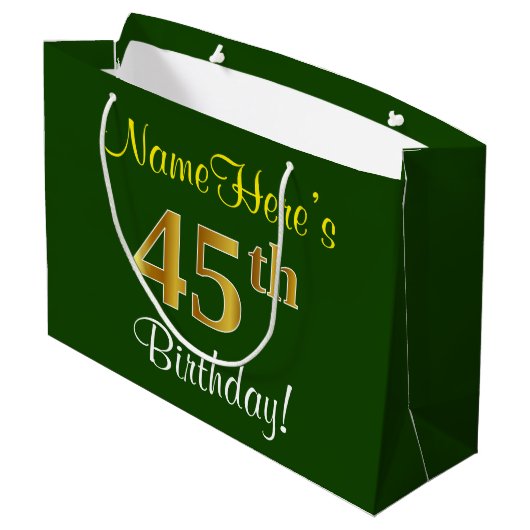 Elegant, groen, Faux Gold 45th Birthday + naam Groot Cadeauzakje (Achterkant Gekanteld)