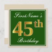 Elegant, groen, Faux Gold 45th Birthday + naam Kaart (Voorkant / Achterkant)