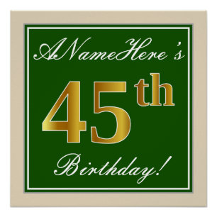 Elegant, groen, Faux Gold 45th Birthday + naam Poster