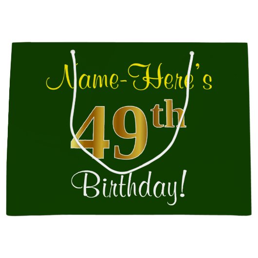 Elegant, groen, Faux Gold 49th Birthday + naam Groot Cadeauzakje (Voorkant)