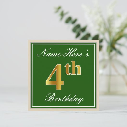 Elegant, groen, Faux Gold 4th Birthday + naam Kaart (Staand voorkant)