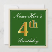 Elegant, groen, Faux Gold 4th Birthday + naam Kaart (Voorkant)