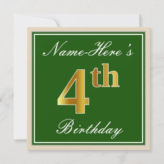Elegant, groen, Faux Gold 4th Birthday + naam Kaart (Voorkant)