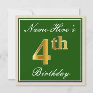 Elegant, groen, Faux Gold 4th Birthday + naam Kaart