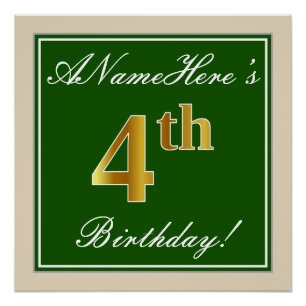 Elegant, groen, Faux Gold 4th Birthday + naam Poster