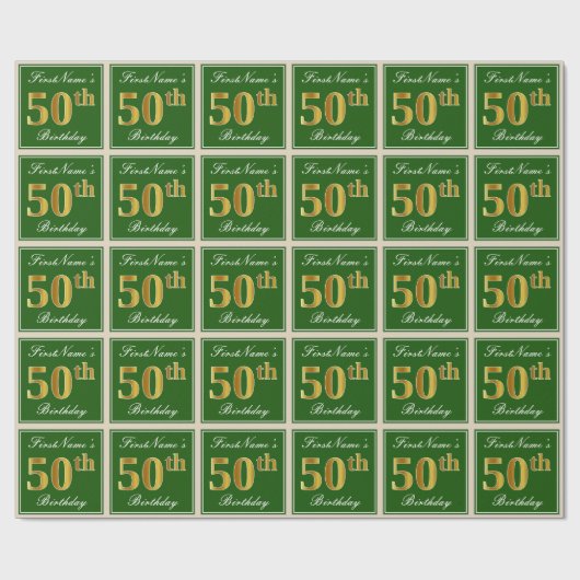 Elegant, groen, Faux Gold 50th Birthday + naam Cadeaupapier (Vlak)
