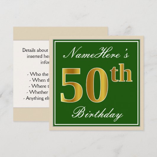 Elegant, groen, Faux Gold 50th Birthday + naam Kaart (Voorkant / Achterkant)