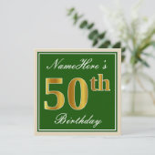 Elegant, groen, Faux Gold 50th Birthday + naam Kaart (Staand voorkant)