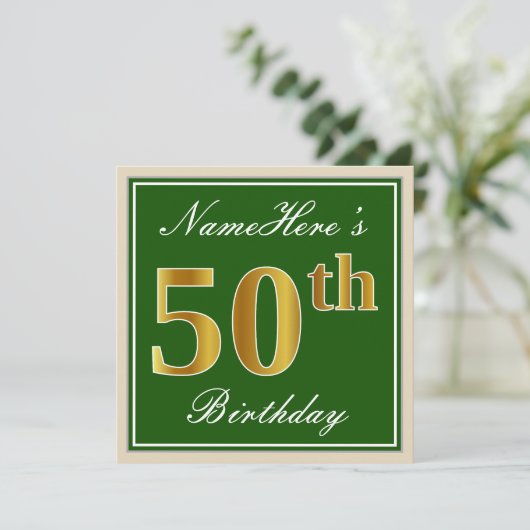 Elegant, groen, Faux Gold 50th Birthday + naam Kaart (Staand voorkant)