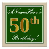 Elegant, groen, Faux Gold 50th Birthday + naam Poster (Voorkant)