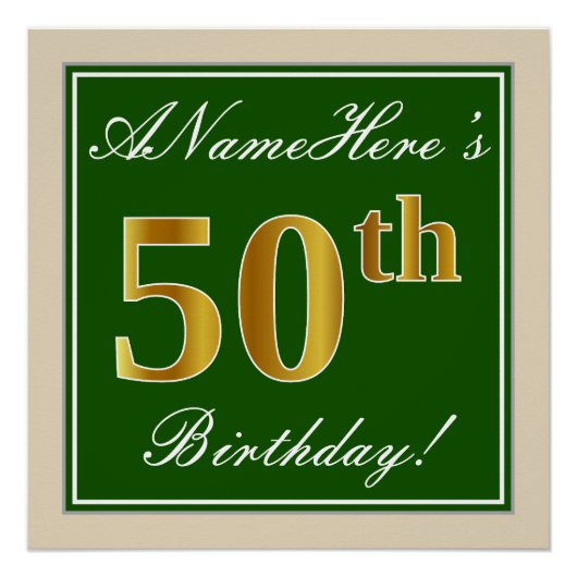 Elegant, groen, Faux Gold 50th Birthday + naam Poster (Voorkant)