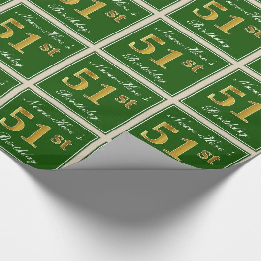 Elegant, groen, Faux Gold 51st Birthday + naam Cadeaupapier (Hoek)