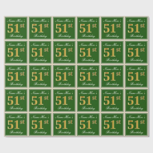 Elegant, groen, Faux Gold 51st Birthday + naam Cadeaupapier (Vlak)