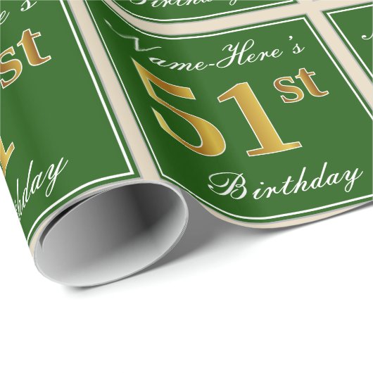Elegant, groen, Faux Gold 51st Birthday + naam Cadeaupapier (Rol Hoek)