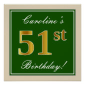 Elegant, groen, Faux Gold 51st Birthday + naam Perfect Poster (Voorkant)
