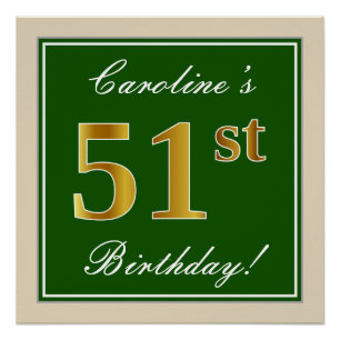 Elegant, groen, Faux Gold 51st Birthday + naam Perfect Poster
