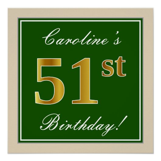Elegant, groen, Faux Gold 51st Birthday + naam Perfect Poster (Voorkant)