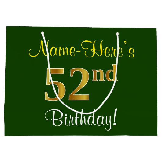 Elegant, groen, Faux Gold 52e verjaardag + naam Groot Cadeauzakje (Achterkant)