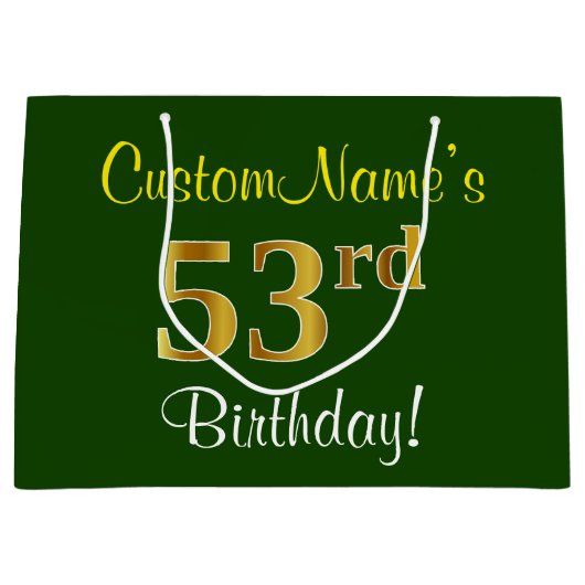 Elegant, groen, Faux Gold 53rd Birthday + naam Groot Cadeauzakje (Voorkant)