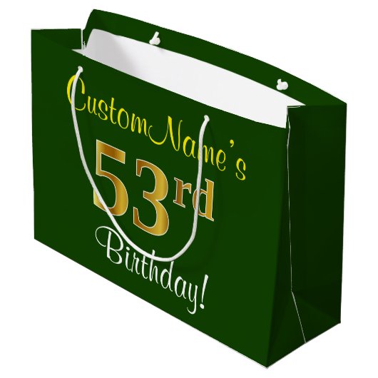 Elegant, groen, Faux Gold 53rd Birthday + naam Groot Cadeauzakje (Achterkant Gekanteld)