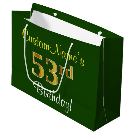 Elegant, groen, Faux Gold 53rd Birthday + naam Groot Cadeauzakje (Voorkant Gekanteld)