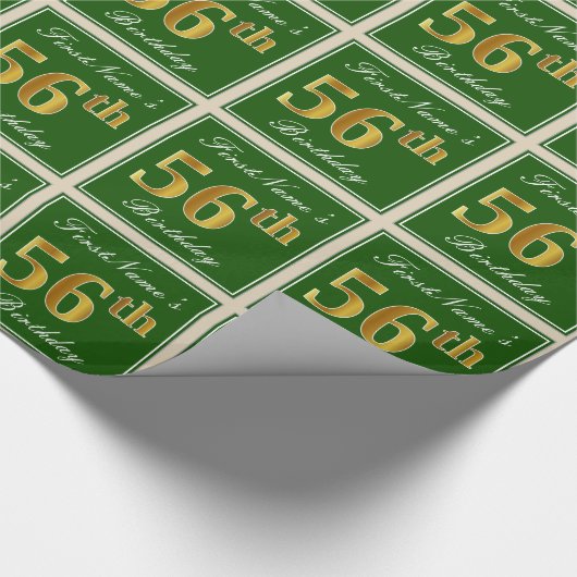 Elegant, groen, Faux Gold 56th Birthday + naam Cadeaupapier (Hoek)