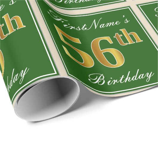 Elegant, groen, Faux Gold 56th Birthday + naam Cadeaupapier (Rol Hoek)