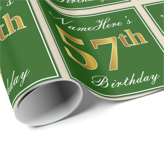 Elegant, groen, Faux Gold 57th Birthday + naam Cadeaupapier (Rol Hoek)