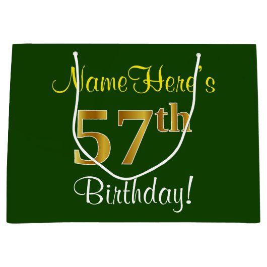 Elegant, groen, Faux Gold 57th Birthday + naam Groot Cadeauzakje (Voorkant)
