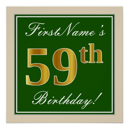 Elegant, groen, Faux Gold 59th Birthday + naam Perfect Poster (Voorkant)