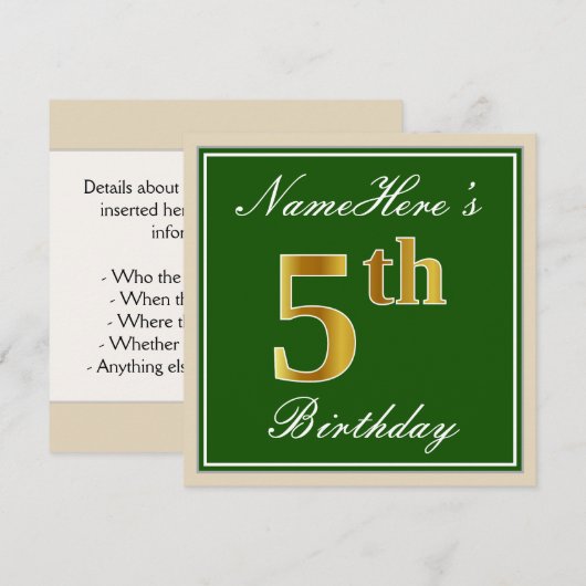 Elegant, groen, Faux Gold 5th Birthday + naam Kaart (Voorkant / Achterkant)