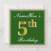 Elegant, groen, Faux Gold 5th Birthday + naam Kaart (Voorkant)