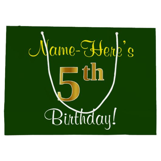 Elegant, groen, Faux Gold 5th Birthday + naam Large Cadeautasje (Achterkant)