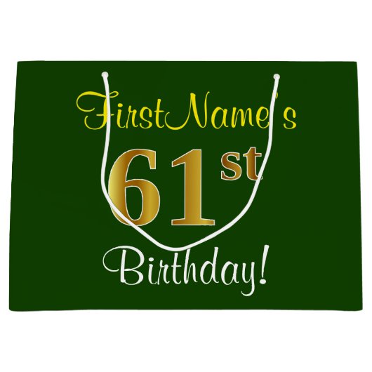 Elegant, groen, Faux Gold 61st Birthday + naam Groot Cadeauzakje (Voorkant)