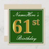 Elegant, groen, Faux Gold 61st Birthday + naam Kaart (Voorkant / Achterkant)