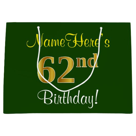 Elegant, groen, Faux Gold 62e verjaardag + naam Groot Cadeauzakje (Voorkant)