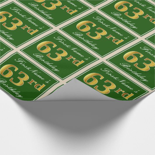 Elegant, groen, Faux Gold 63rd Birthday + naam Cadeaupapier (Hoek)