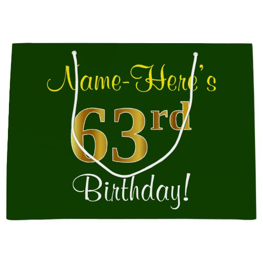 Elegant, groen, Faux Gold 63rd Birthday + naam Groot Cadeauzakje (Voorkant)
